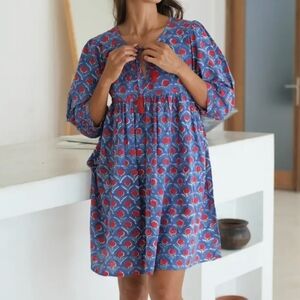 The Fox And The Mermaid Kerana Blue and Red Blockprint‎ Babydoll Dress Small